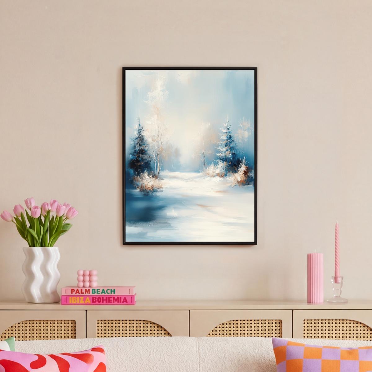 LEINWAND Bilder mit Rahmen - Wald – Winter – Natur – Abstrakt – Schnee - 50x70 - Weiß, Textil (50/70cm) - MuchoWow