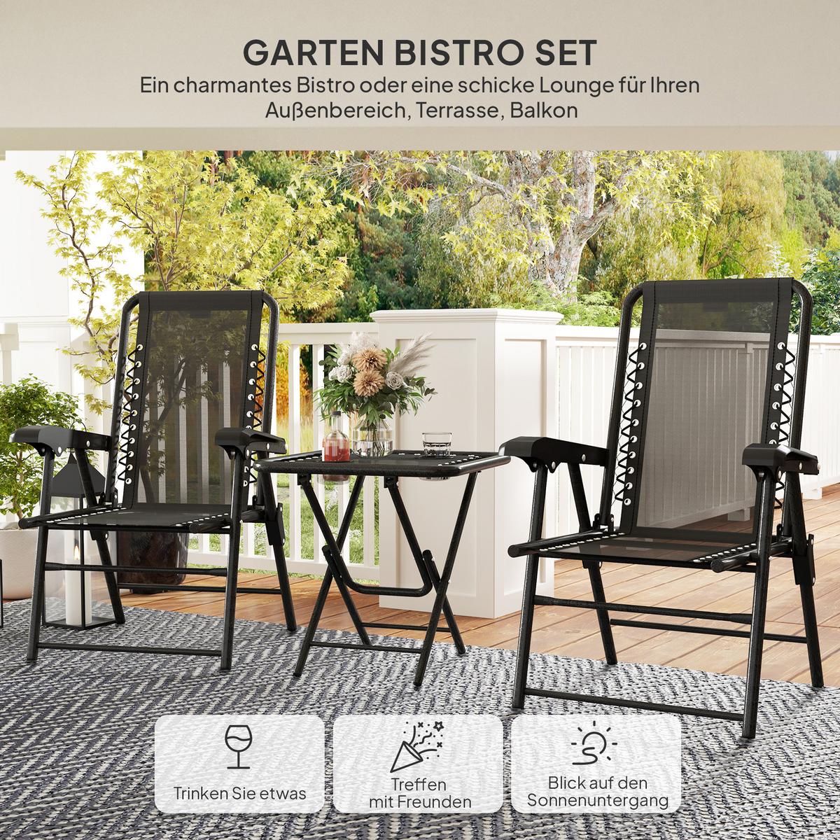 BISTRO Set 3-teilig aus Stahl Wetterfest Gartenmöbel Set mit Bistrotisch - Schwarz, Textil/Metall - Outsunny