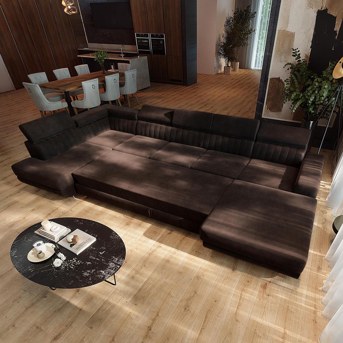 WOHNLANDSCHAFT GAIAN Braun Velours-Stoff mit Schlaffunktion - Braun, Holz (412/88/190cm) - MASSENO