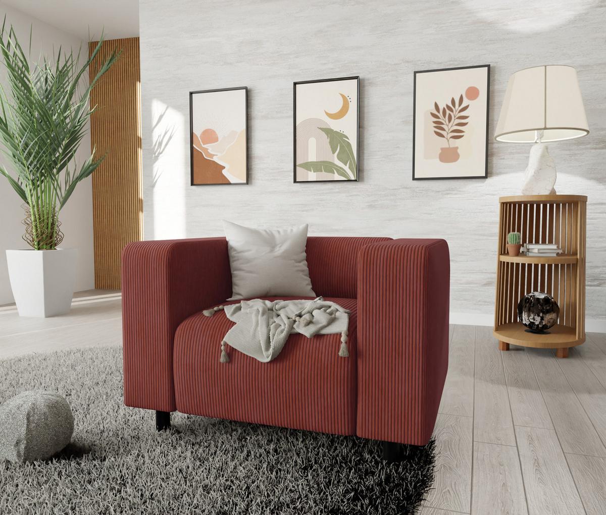 SITZGARNITUR 3+1 Tove Terrakotta Cord - Terracotta/Schwarz, Holz/Kunststoff (175/65/80cm) - S-Style Möbel