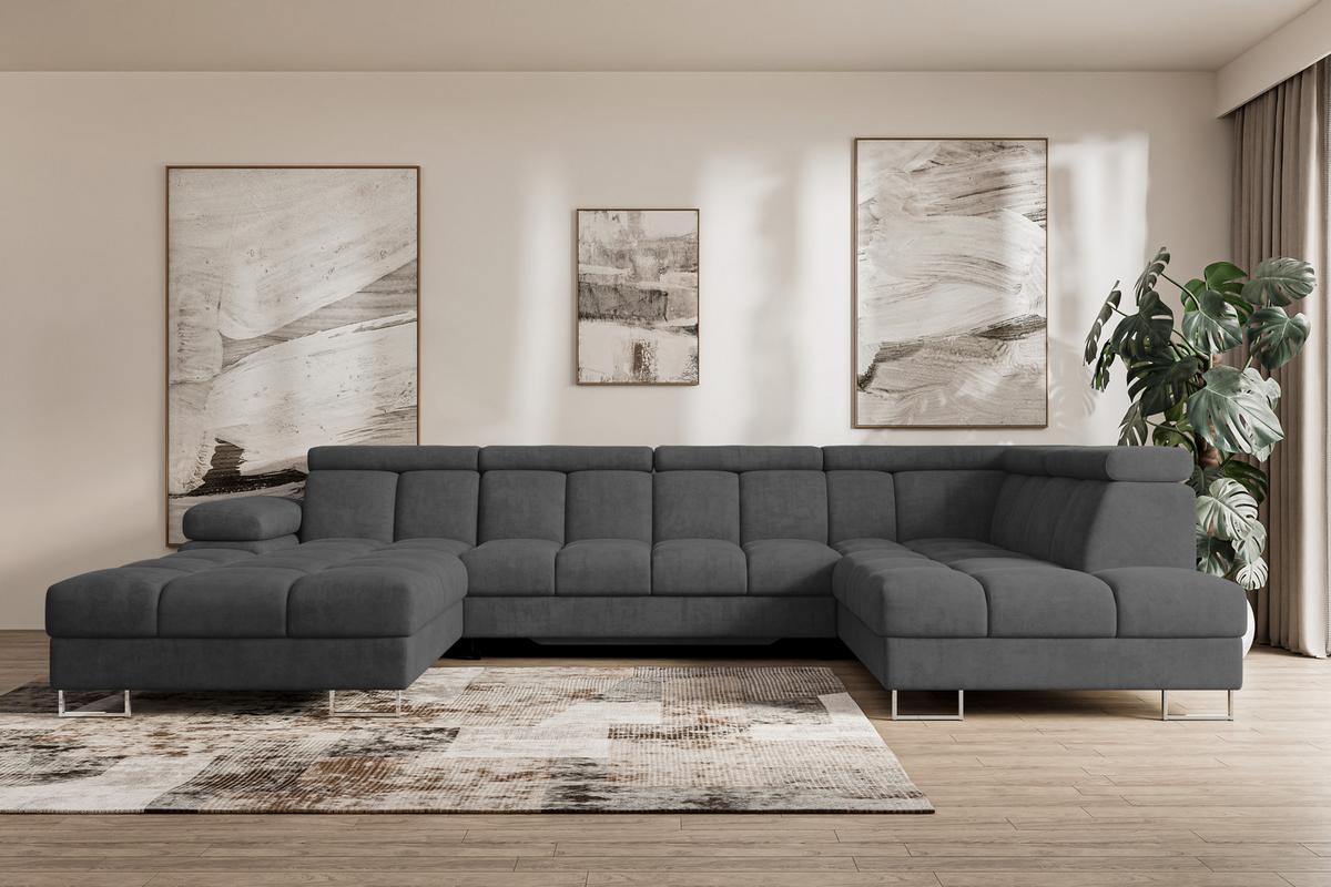 WOHNLANDSCHAFT mit Schlaffunktion und Bettkasten Ottomane RECHTS COMA U 345x203x79 Dunkelgrau Velours - Dunkelgrau, Holzwerkstoff/Textil (203/79/345cm) - ALTDECOR