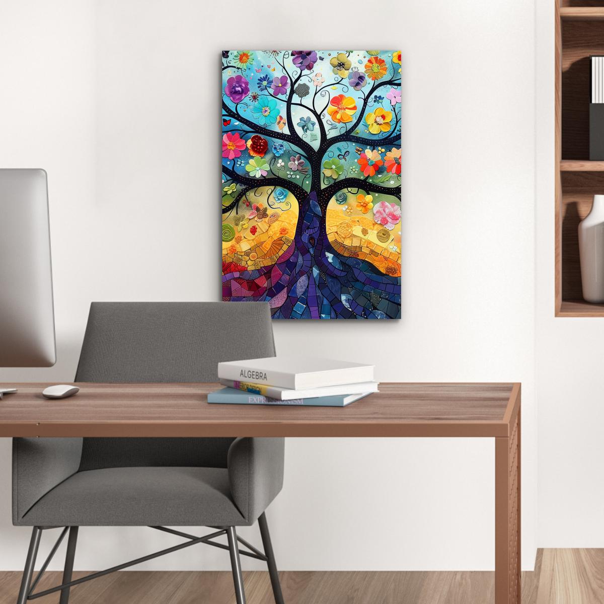 METALLBILD Kunst - Baum des Lebens - Blumen - Hippie Deko Schlafzimmer 40x60 cm - Dunkelblau, Metall (40/60cm) - MuchoWow