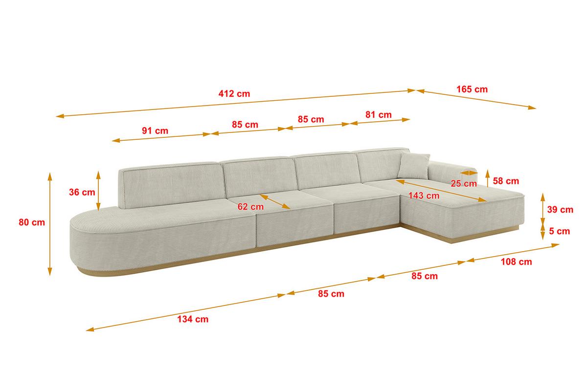 ECKSOFA Ottomane Rechts IREA-L3-v2 - 412x165x80 cm Creme - Ecru/Perlmutt, Holzwerkstoff/Textil (412/165cm) - ALTDECOR
