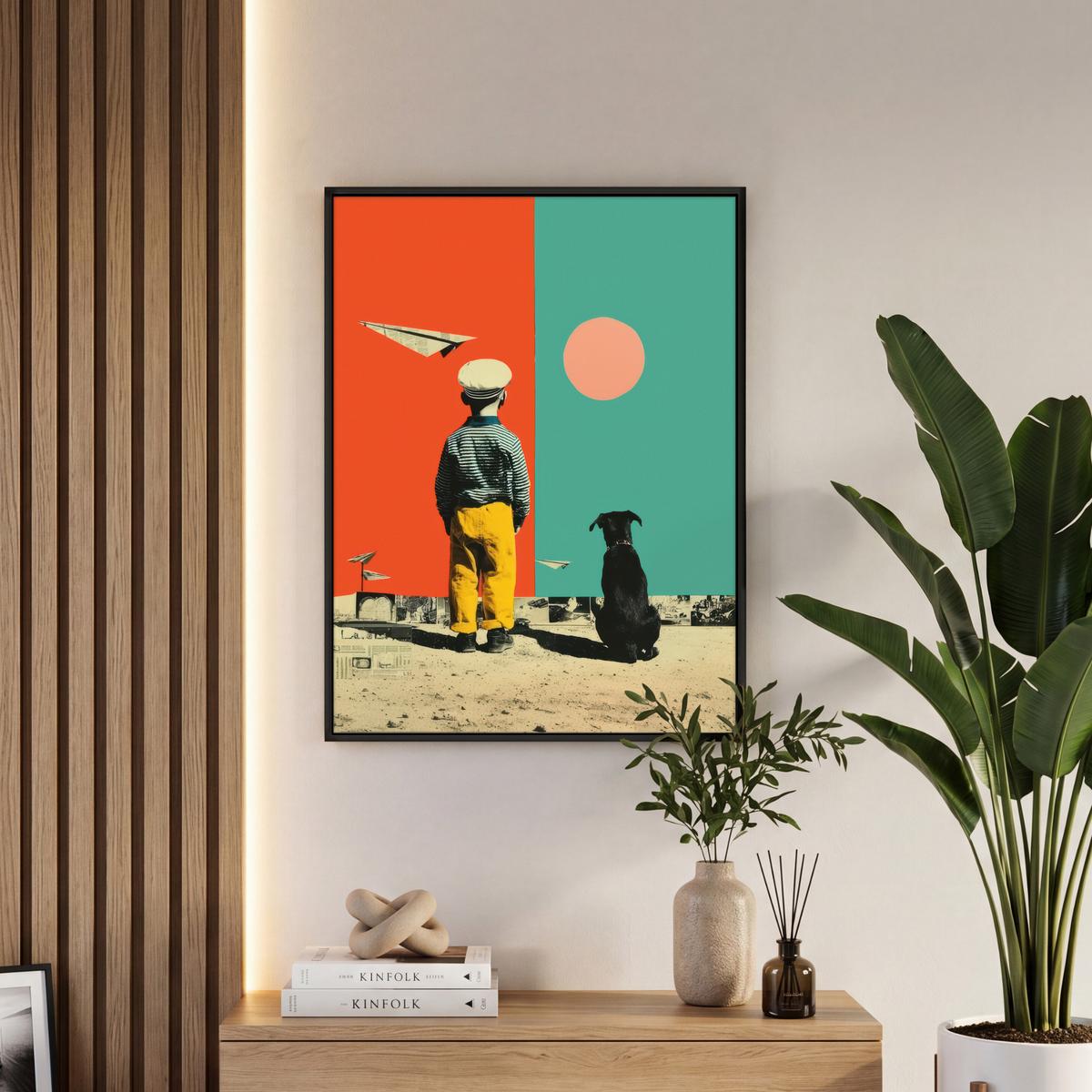 LEINWAND Bilder mit Rahmen - Retro - Junge - Hund - Rot - Grün - 60x80 - Orange, Textil (60/80cm) - MuchoWow