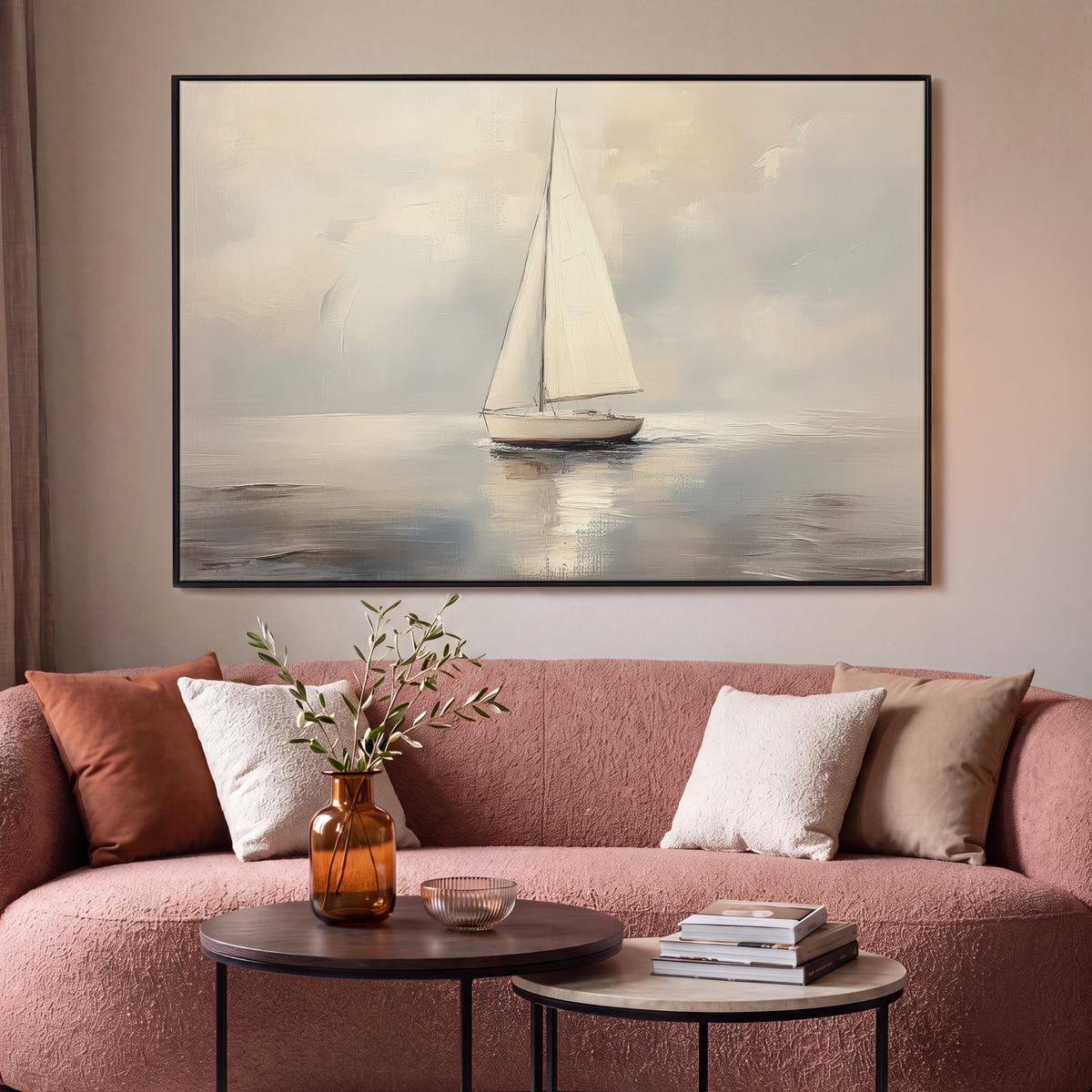 LEINWAND Bilder mit Rahmen - Segelschiff - Meer - Bewölkt - 150x100 - Creme, Textil (150/100cm) - MuchoWow