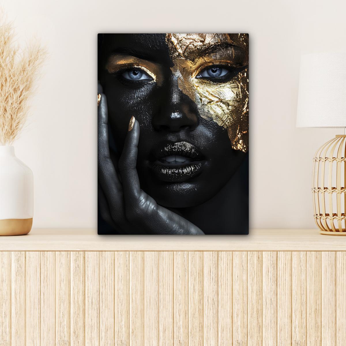 LEINWANDBILD Frau - Gold - Porträt - Schwarz-Weiß - Luxus Room Decor 30x40 cm - Hellblau, Textil (30/40cm) - MuchoWow