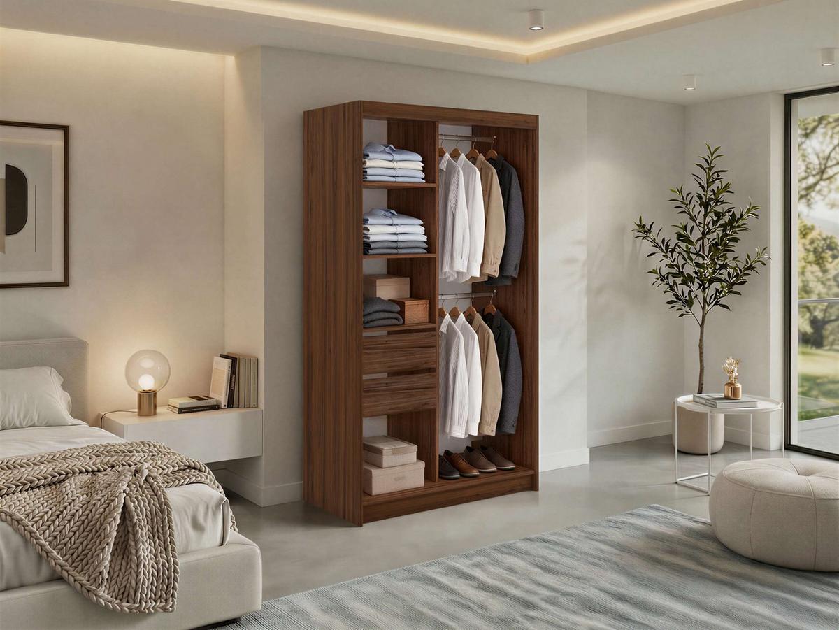 SCHWEBETÜRENSCHRANK mit Schubladen 120 - VERONA - Warmia Walnuss mit Spiegel - Walnussfarben/Alufarben, Holzwerkstoff/Metall (120/216/61cm) - MKS
