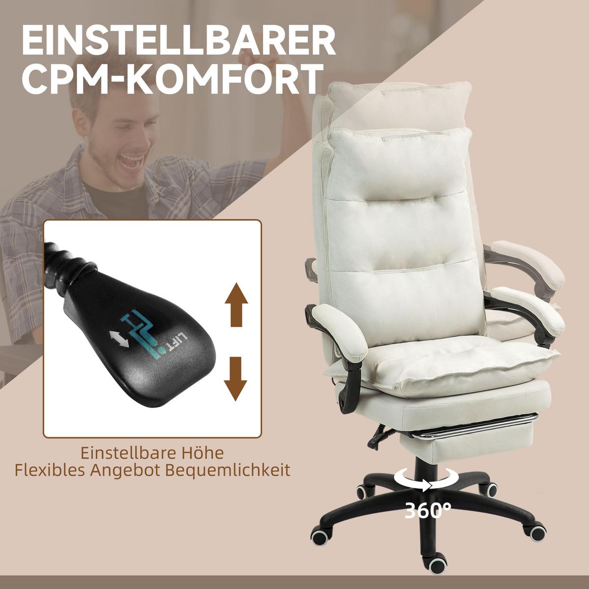BÜROSTUHL mit 6 Punkt Massage, ergonomischer Gaming Sessel mit Liegefunktion - Creme, Kunststoff (62/130/70cm) - Vinsetto