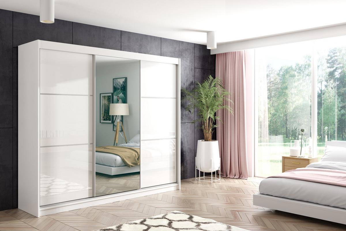 KLEIDERSCHRANK mit Spiegel-Schiebetüren und Aluminium-Leisten - VIVONA - 240 cm Weiß - Weiß, Holzwerkstoff (240/216/61cm) - ALTDECOR