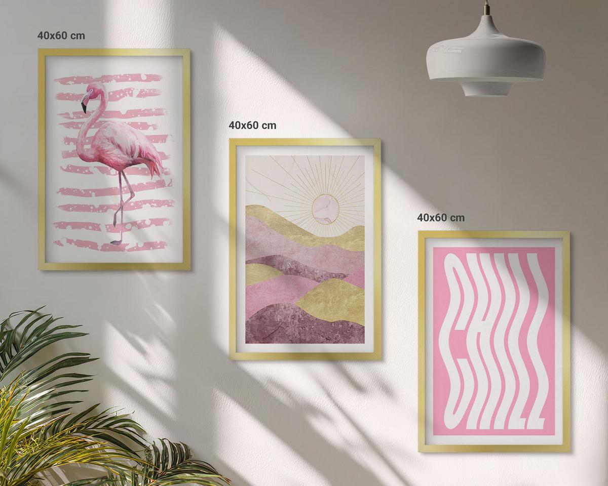 BILDER SET 3er Set - 40x60 cm Goldrahmen - Pastelllandschaft mit rosa Flamingos - Goldfarben, Kunststoff (40/60cm) - TULUP