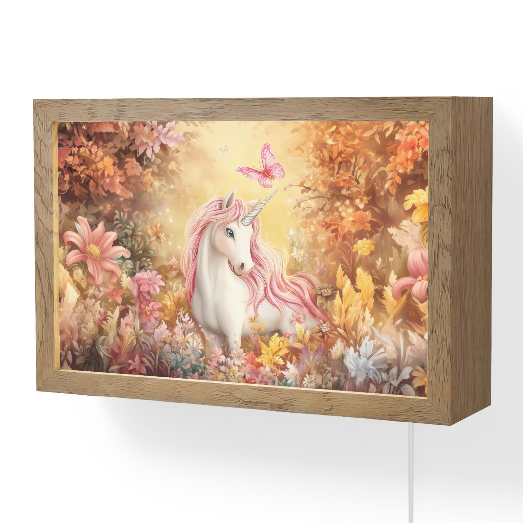 WANDLEUCHTE Einhorn - Blumen - Schmetterling - Rosa 30x20 cm - Beige, Holzwerkstoff (30/20/8cm) - OnlyWow