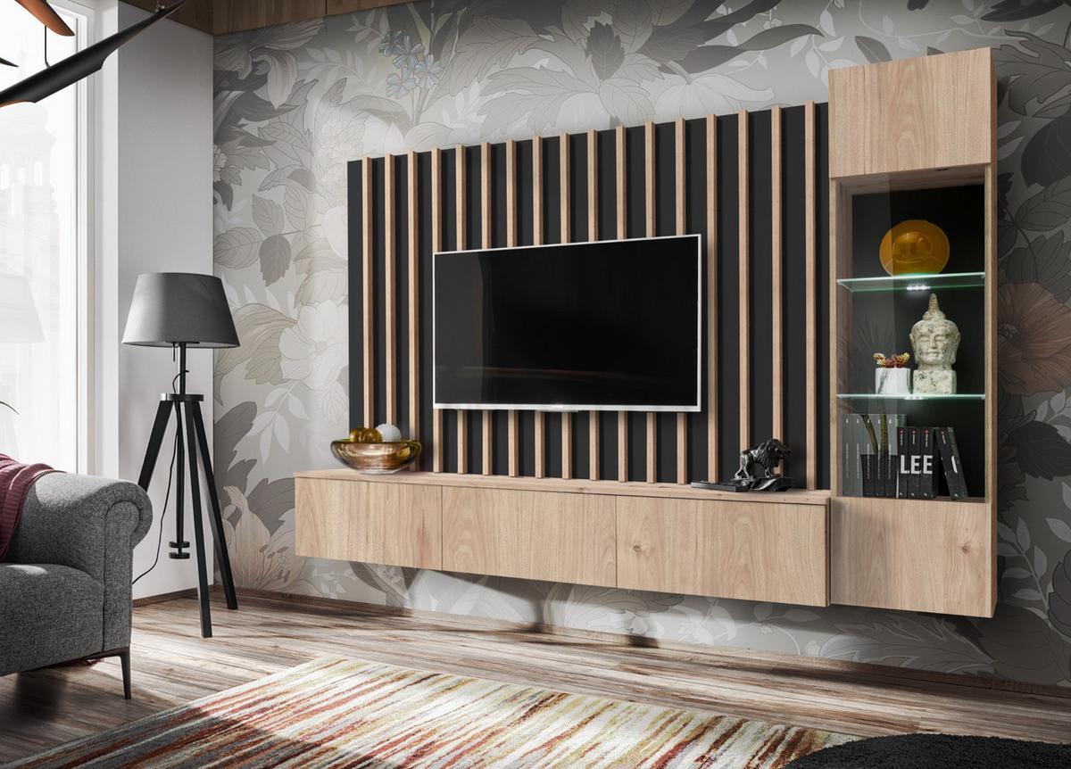 WOHNWAND schwarz, Eiche Jackson 220 cm, Schrankwand mit LED Beleuchtung - Eichefarben/Schwarz, Glas/Holzwerkstoff (220/148/35cm) - Furn.Design