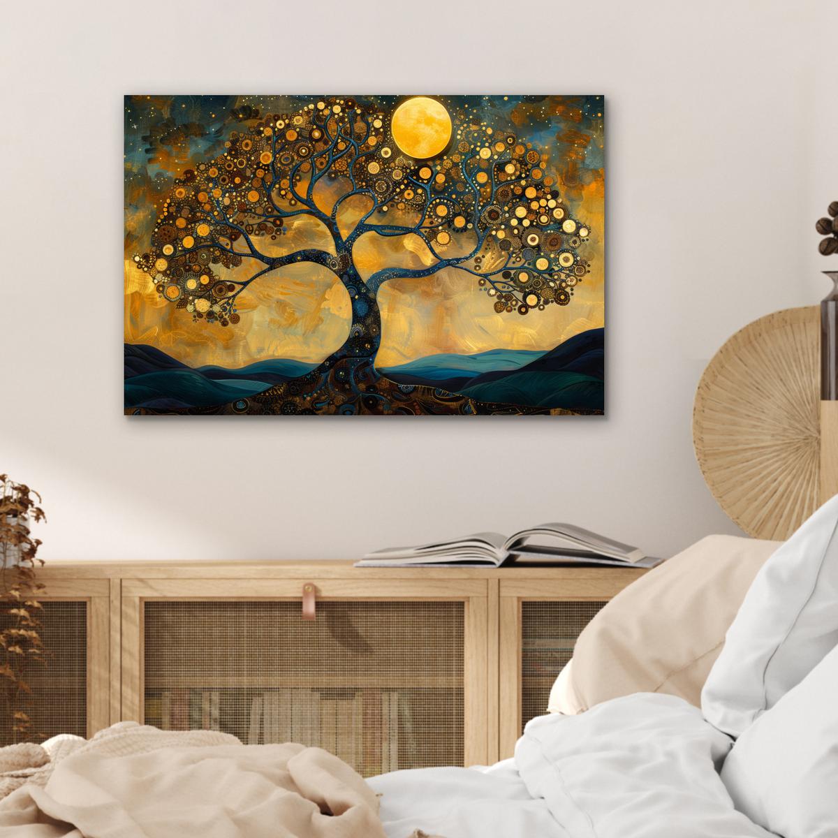 METALLBILD Baum - Mond - Blumen - Gold - Kunst Wandbild 60x40 cm - Orange, Metall (60/40cm) - MuchoWow