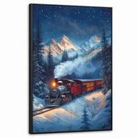 LEINWAND Bilder mit Rahmen - Zug - Weihnachten - Schnee - Weihnachtszug - 60x90 - Anthrazit, Textil (60/90cm) - MuchoWow