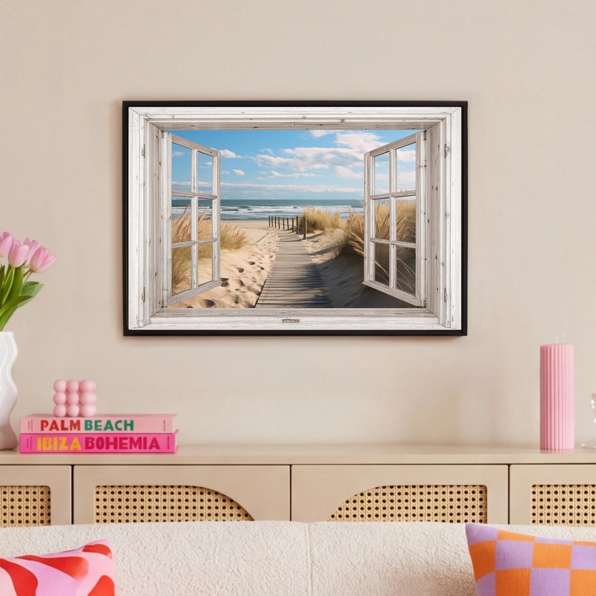LEINWAND Bilder mit Rahmen - Fenster - Meer - Küste - Natur - Ausblick - Strand - Wattenmeer - 60x40 - Beige, Textil (60/40cm) - MuchoWow