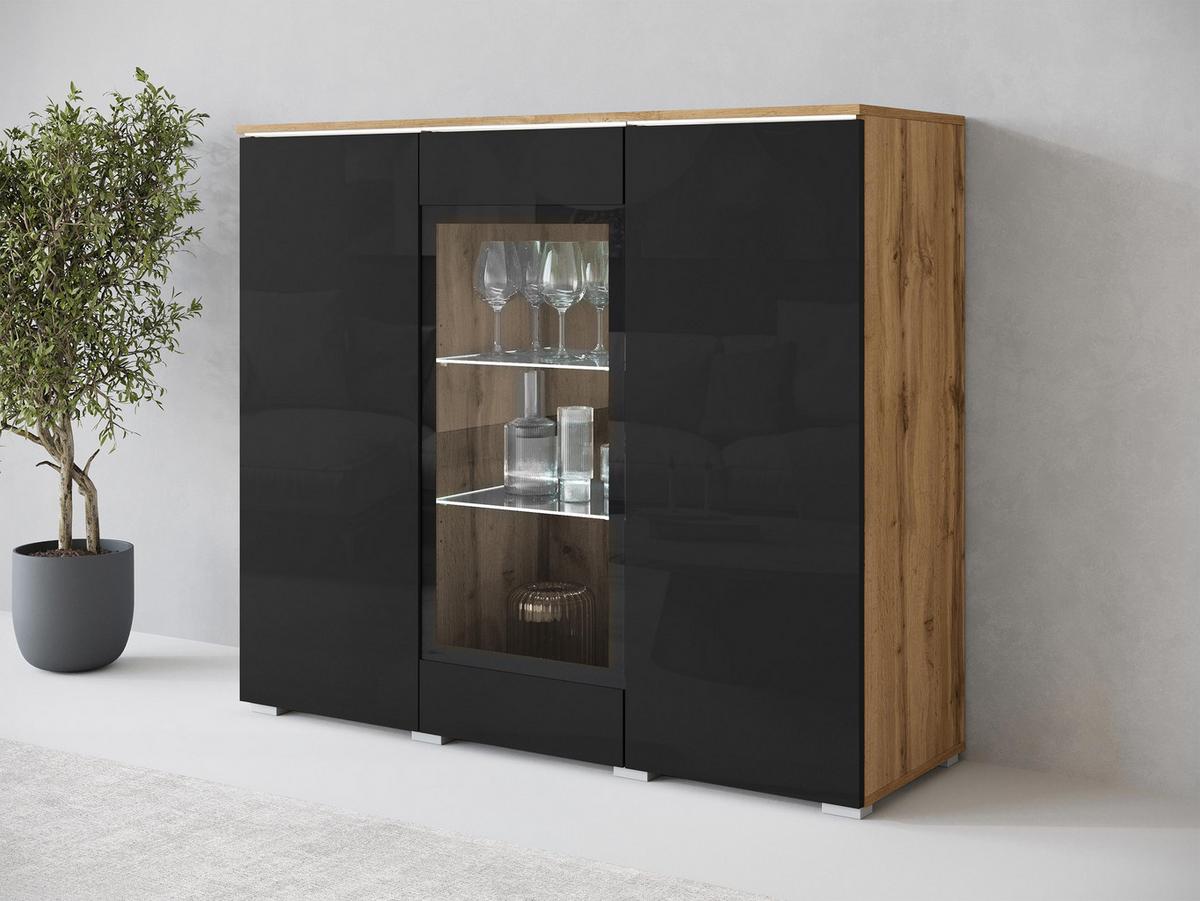 KOMMODE Vera 120 mit weißer LED Beleuchtung - Schwarz Hochglanz/Eiche Wotan, Holzwerkstoff/Kunststoff (120/104/40cm) - MIRJAN24