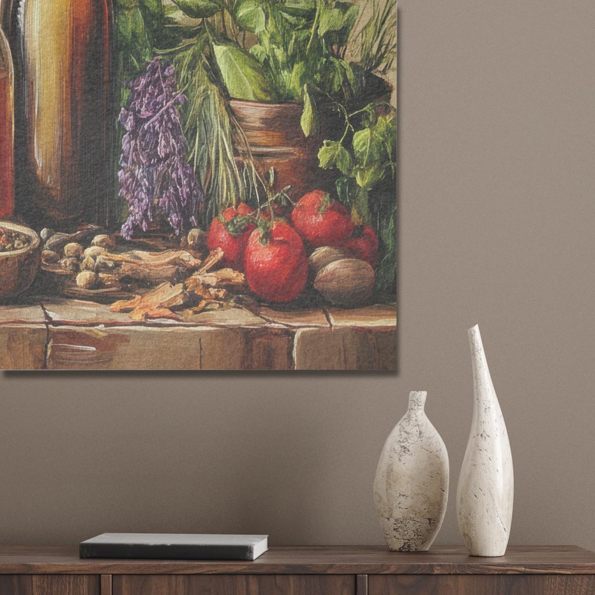 AKUSTIKBILD Stilleben - Kräuter - Gewürze - Früchte - Farbenfroh Gemälde 80x60 cm - Grün, Kunststoff (80/60/0.9cm) - MuchoWow