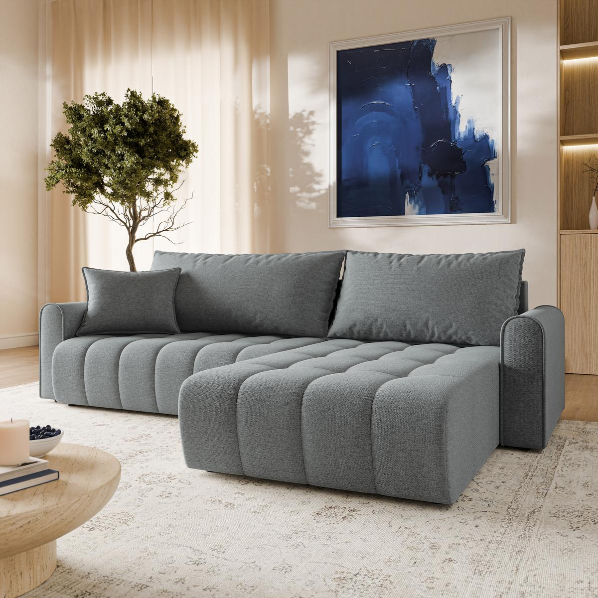 ECKSOFA FRIGA Grau Strukturstoff mit Schlaffunktion - Grau, Holz (283/185cm) - MASSENO