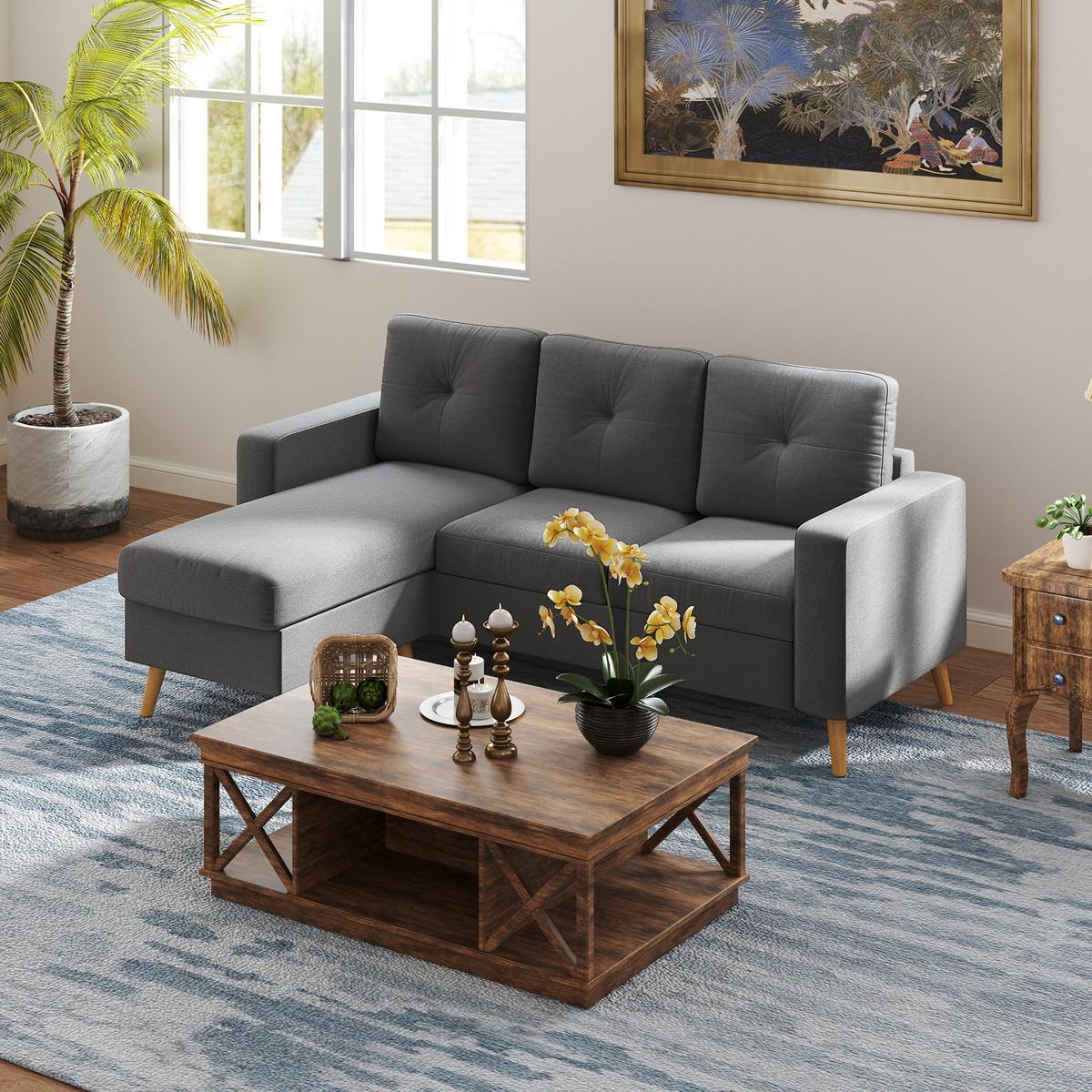 ECKSOFA Eckcouch in L-Form, Eckgarnitur in Leinenoptik Couchgarnitur Dunkelgrau - Dunkelgrau/Naturfarben, Holz/Textil (136/193cm) - HOMCOM