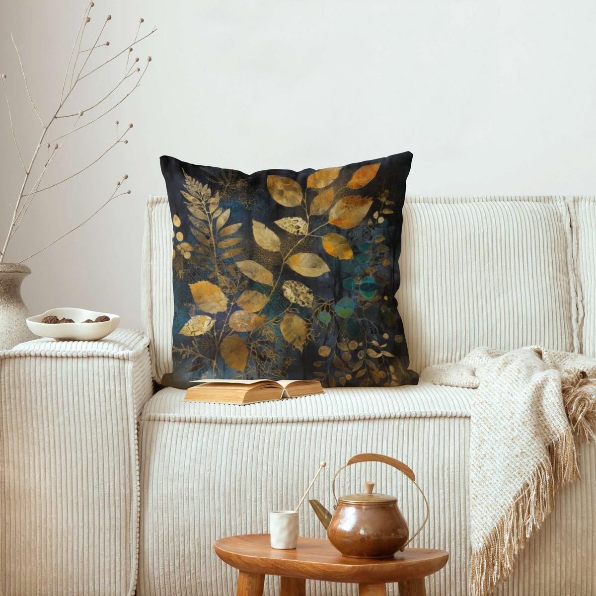 DEKOKISSEN Goldene und blaue Blätter 40/40 cm - Schwarz, Textil (40/40/10cm) - Bilderwelten