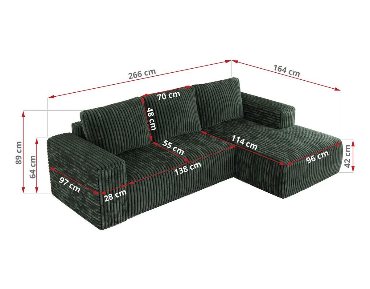 ECKSOFA TRENTINO L Grün Cord - Links - Schwarz/Grün, Kunststoff/Textil (266/164cm) - MKS