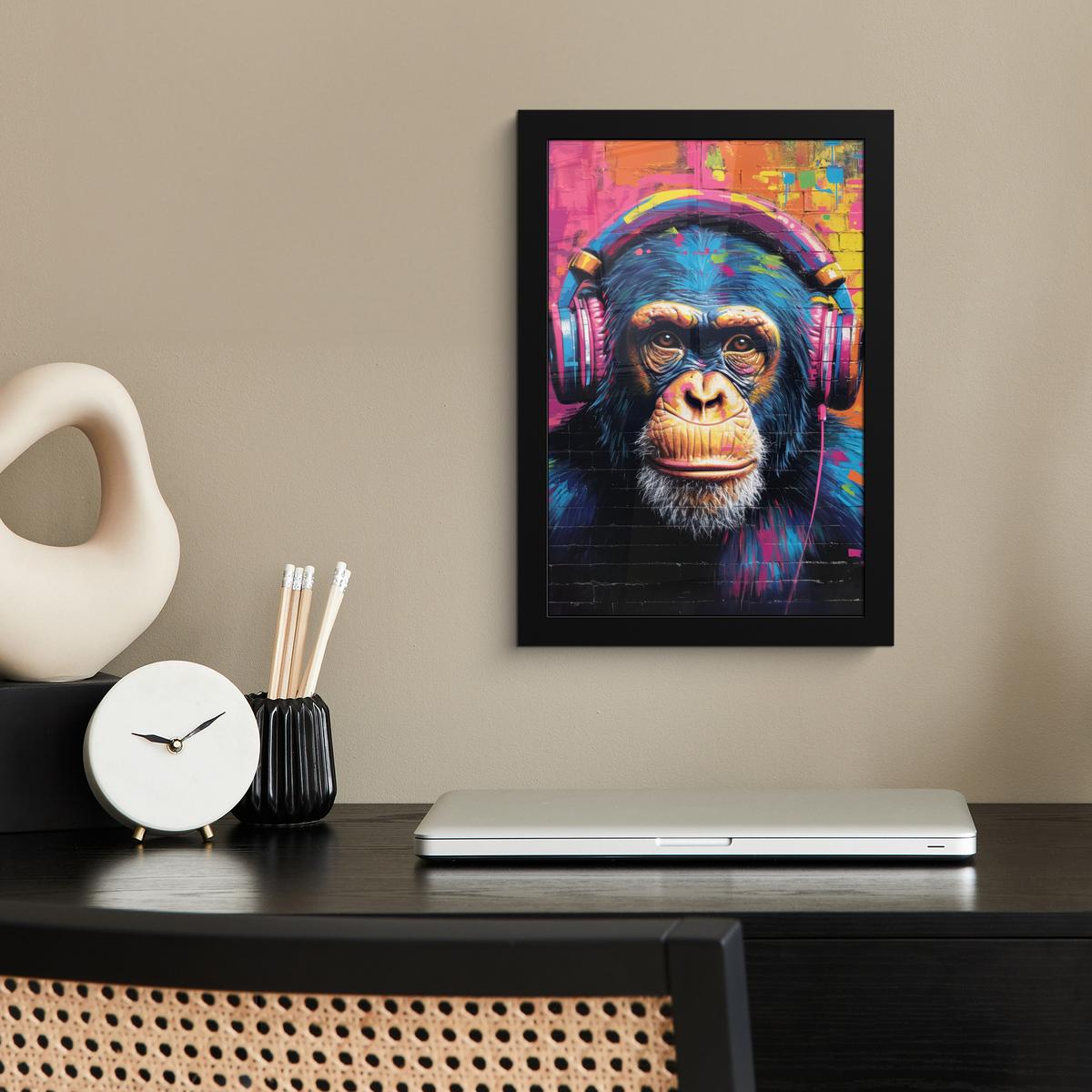 POSTER MIT RAHMENGERAHMTES BILD Graffiti - Schimpanse - Straßenkunst - Kopfhörer - Affe Poster 20x30 cm - Blau, Papier (20/30cm) - MuchoWow
