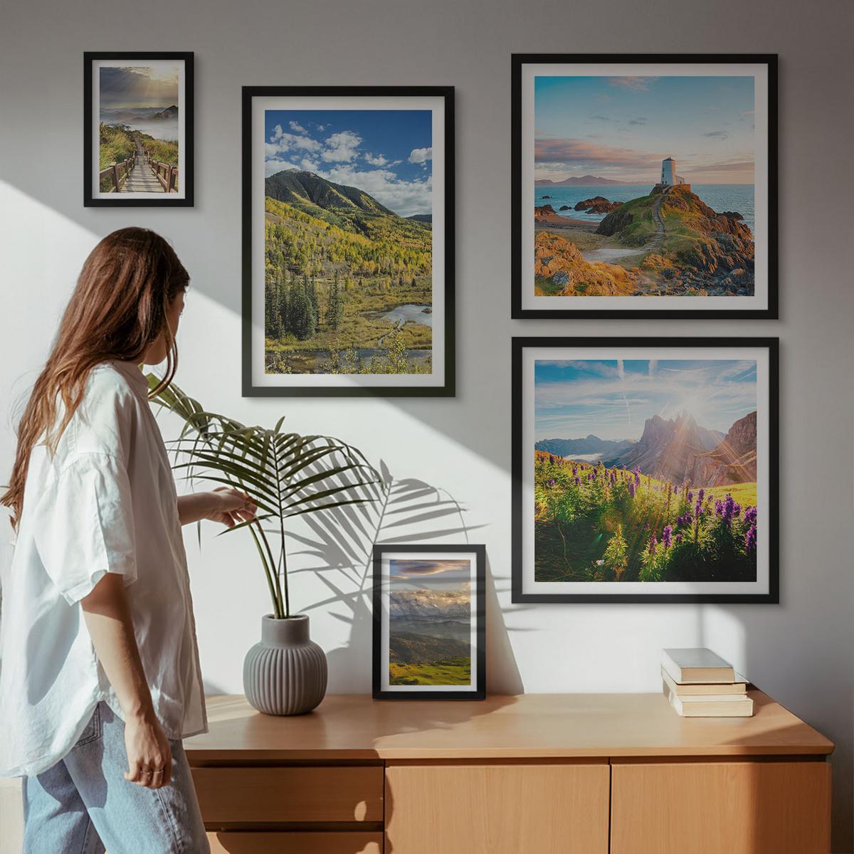 BILDER SET 5er Set - 50x50 cm & 20x30 cm & 40x60 cm Schwarzer Rahmen - Berglandschaften Wasserfall - Schwarz, Kunststoff (40/60cm) - TULUP