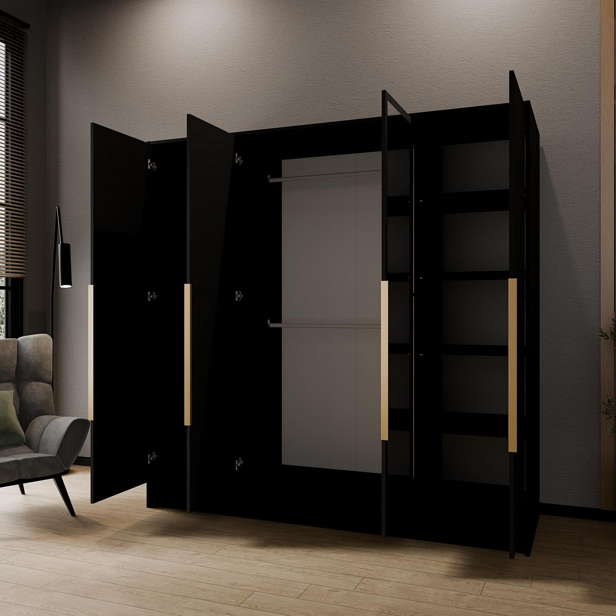 DREHTÜRENSCHRANK RENVO 200/200/51 cm Modern Kleiderschrank 4-türig mit Spiegel Schwarz - Schwarz, Holzwerkstoff (200/200/51cm) - MASSENO