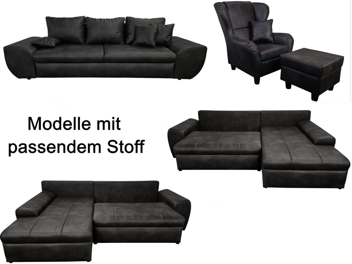 ECKSOFA mit Schlaffunktion, Bettkasten, Wellenunterfederung, Ottomane rechts B266/T186/H90 cm, Mikrofaser Leder-Optik Vintage Schwarz / 18013 - Schwarz, Kunststoff/Textil (266/186cm) - luma-home