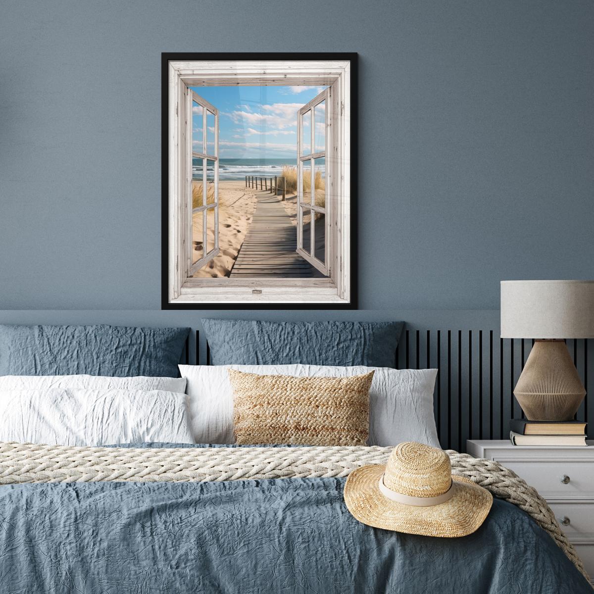 POSTER MIT RAHMENGERAHMTES BILD Fenster - Meer - Küste - Natur - Ausblick - Strand - Wattenmeer Posterleiste 60x80 cm - Beige, Papier (60/80cm) - MuchoWow