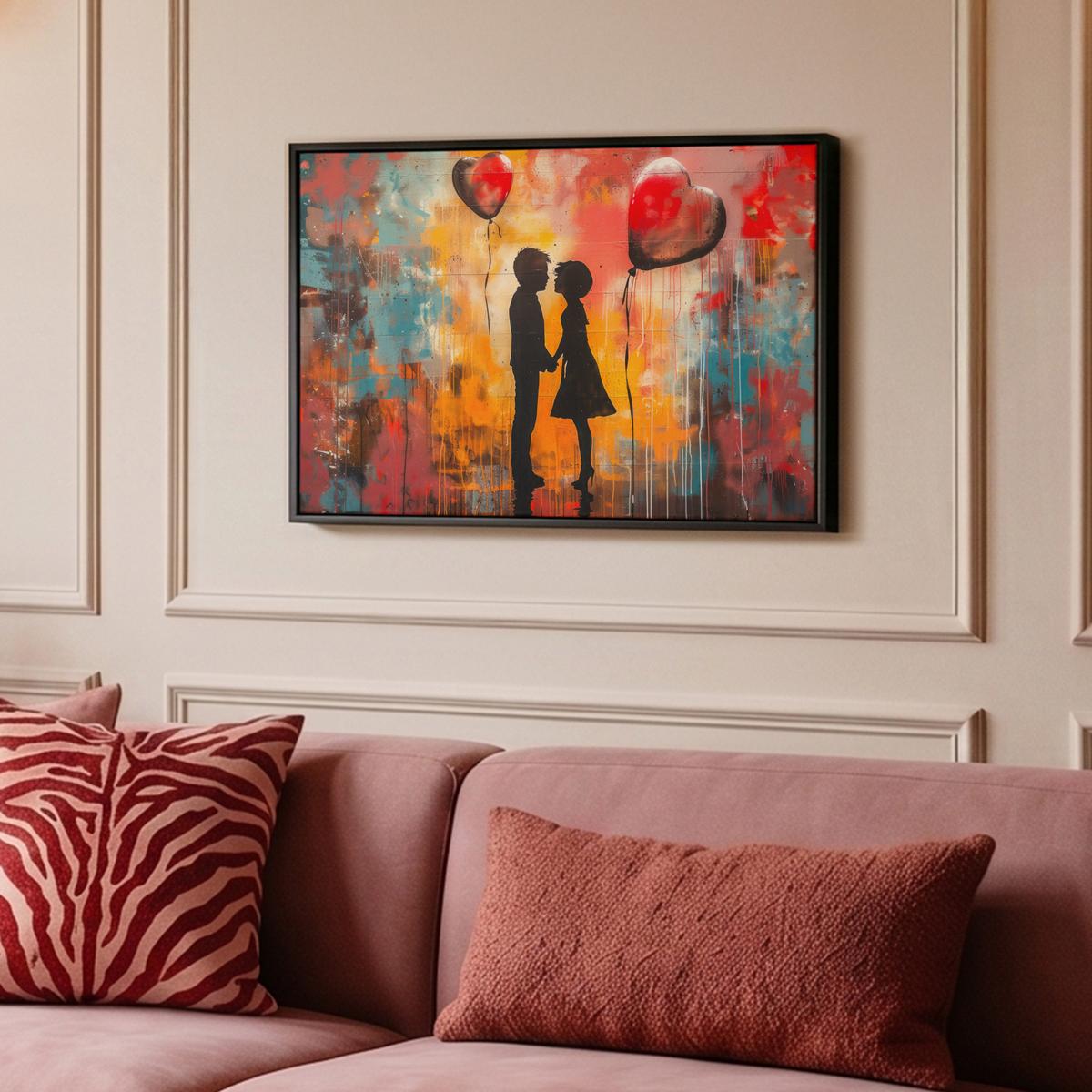 LEINWAND Bilder mit Rahmen - Straßenkunst - Liebe - Graffiti - Kunst - Banksy - 60x40 - Orange, Textil (60/40cm) - MuchoWow