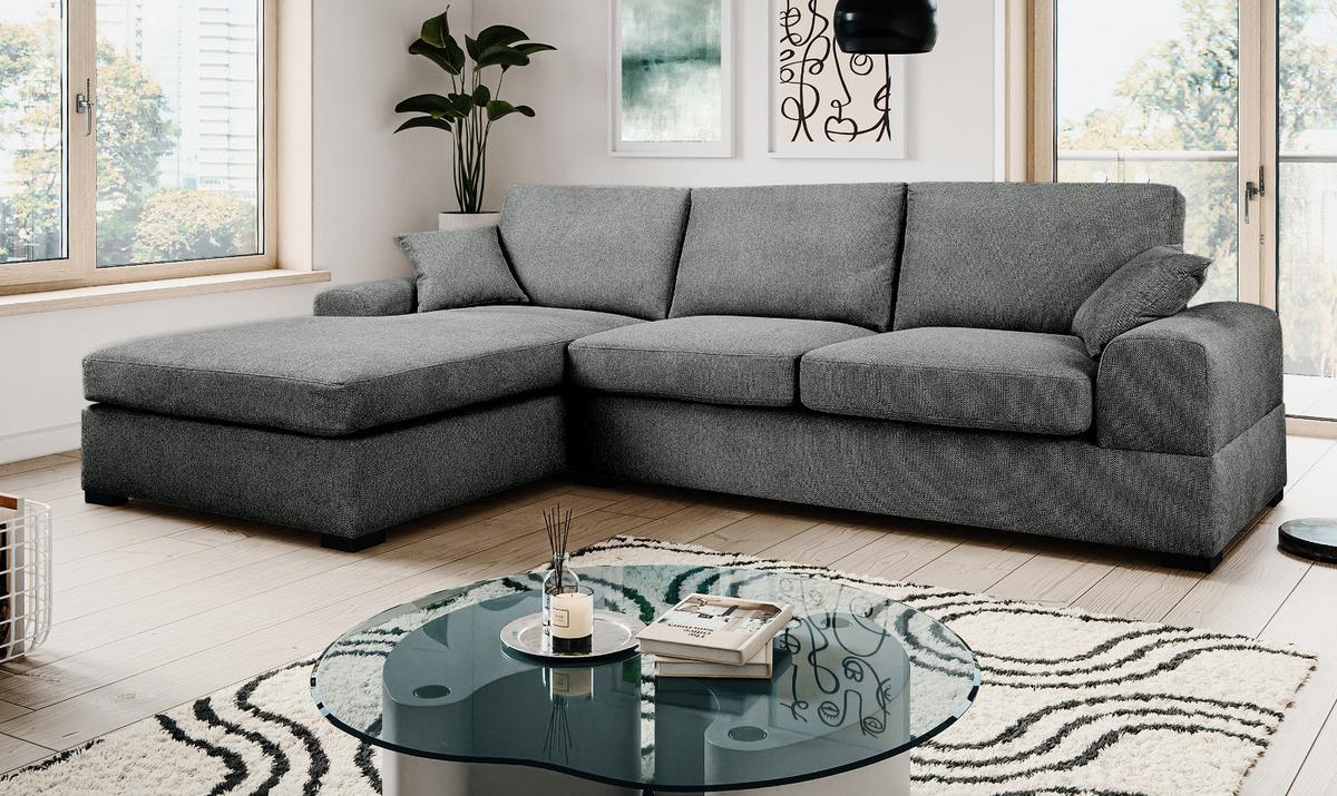 SOFA grau Strukturstoff 308 cm, Ecksofa 5-Sitzer, L-Sofa Ottomane links - Schwarz/Grau, Holz/Textil (308/186cm) - Inn.Furn
