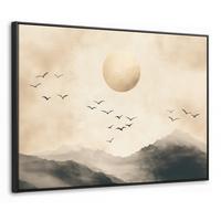 LEINWAND Bilder mit Rahmen - Landschaft - Japandi - Vogel - 100x70 - Beige, Textil (100/70cm) - MuchoWow