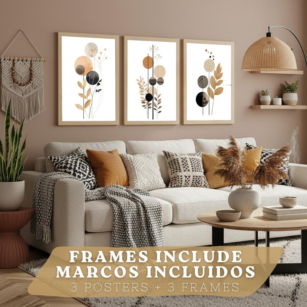 POSTER 3er-Set Wandbilder Geometrische Blumen modern Wohnzimmer Deko, Schlafzimmer, Küche, Badezimmer Leichter Holzrahmen A3 - Beige, Papier (29.7/1/42cm) - Nacnic