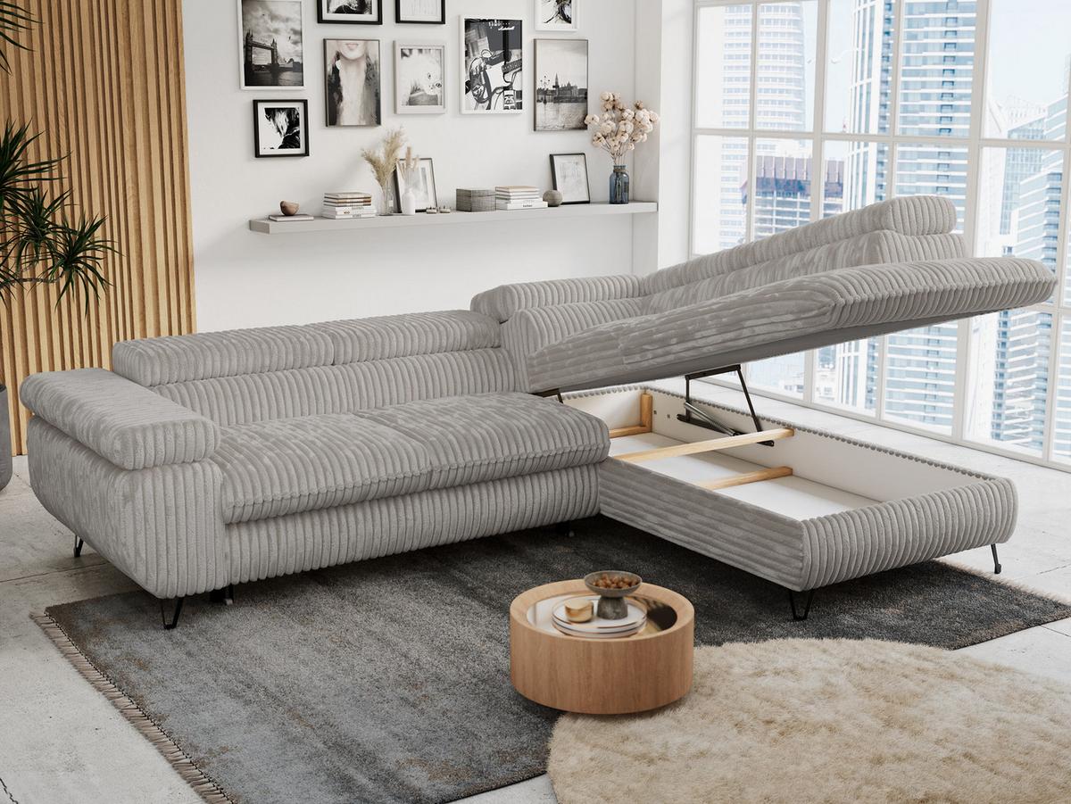 ECKSOFA PETER L Hellgrau Cord - Rechts Seite - Hellgrau/Schwarz, Textil/Metall (273/208cm) - MKS