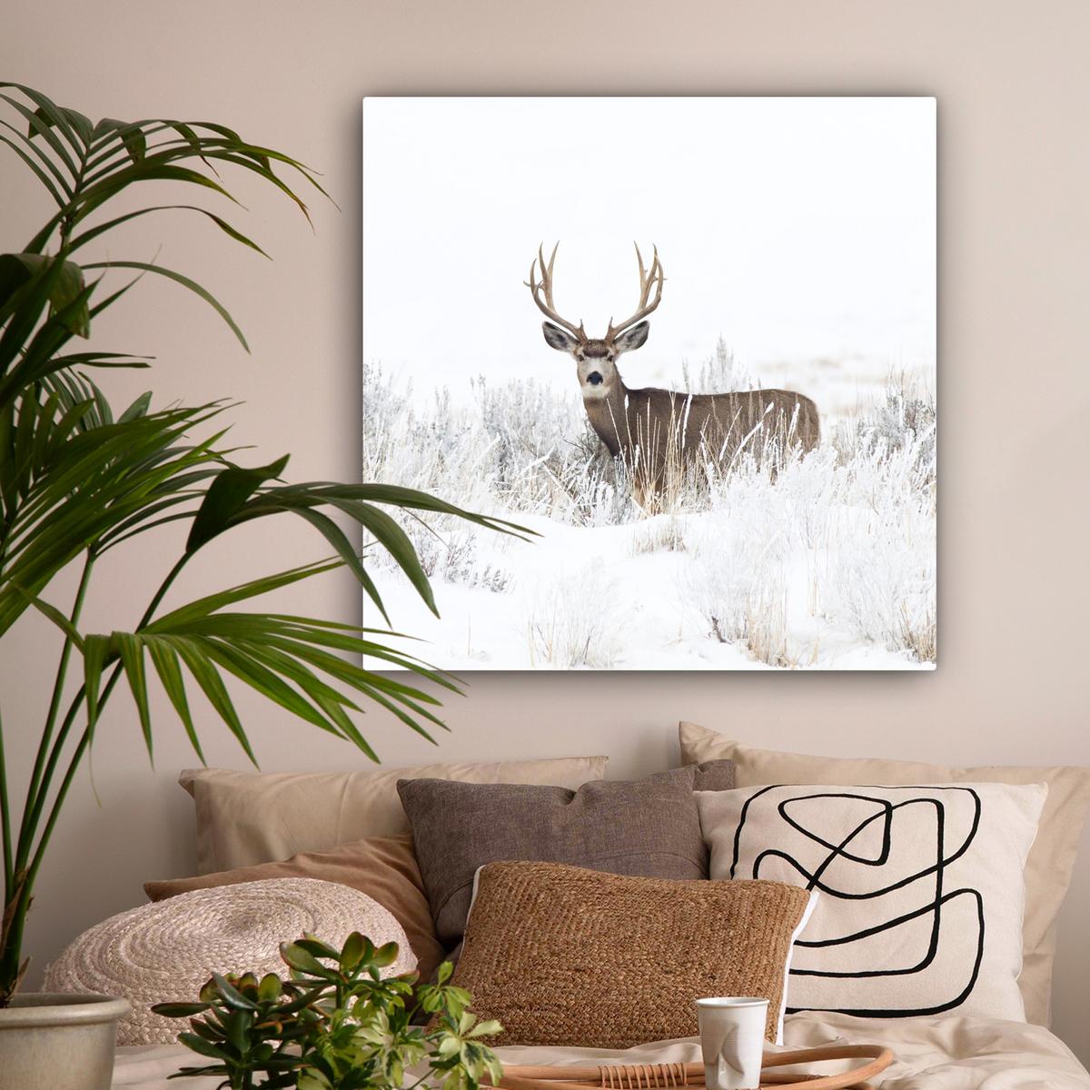 LEINWANDBILD Hirsche - Winter - Schnee - Tiere - Jahreszeiten - Weiß Deko Groß 90x90 cm - Hellbraun, Textil (90/90cm) - MuchoWow