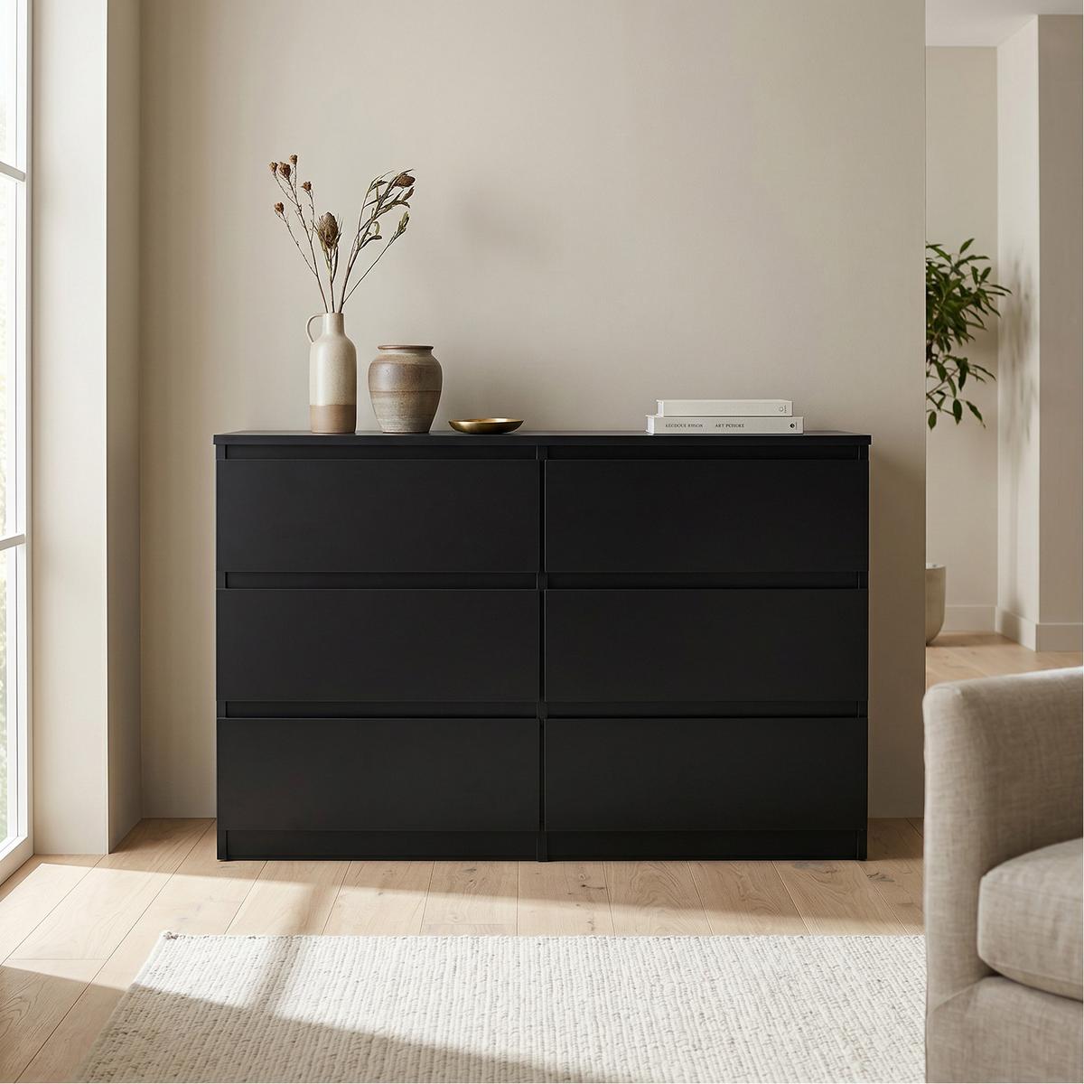 KOMMODE NUDO 120/78,5/39cm mit 6 Schubladen Türen Schwarz - Schwarz, Holzwerkstoff (120/78.5/39cm) - MASSENO