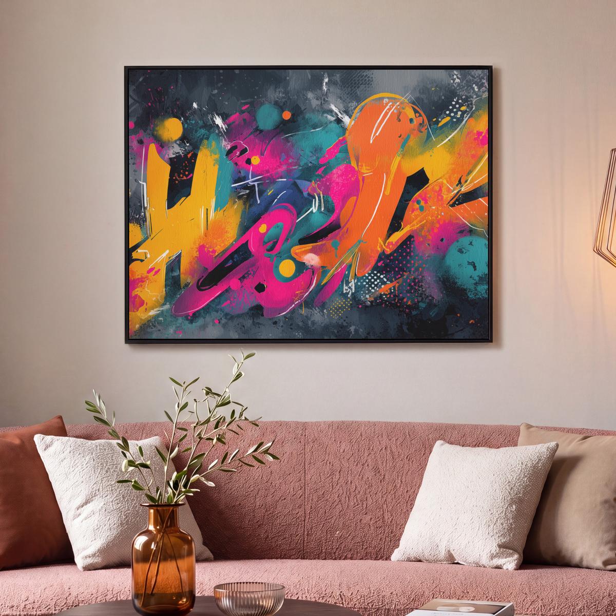 LEINWAND Bilder mit Rahmen - Abstrakt - Graffiti - Farbenfroh - Farbspritzer - 100x70 - Multicolor, Textil (100/70cm) - MuchoWow
