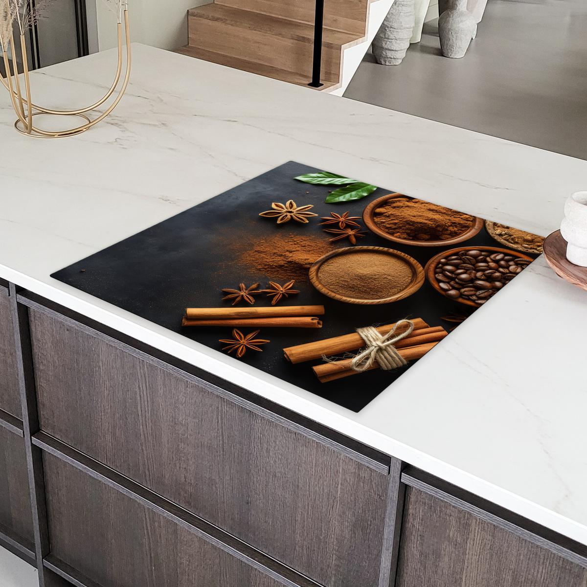 HERDABDECKPLATTE Zimt - Beton - Kaffee - Zimtstangen - Gewürze Induktionsmatte 78x78 cm - Mokka, Kunststoff (78/78/0.2cm) - MuchoWow