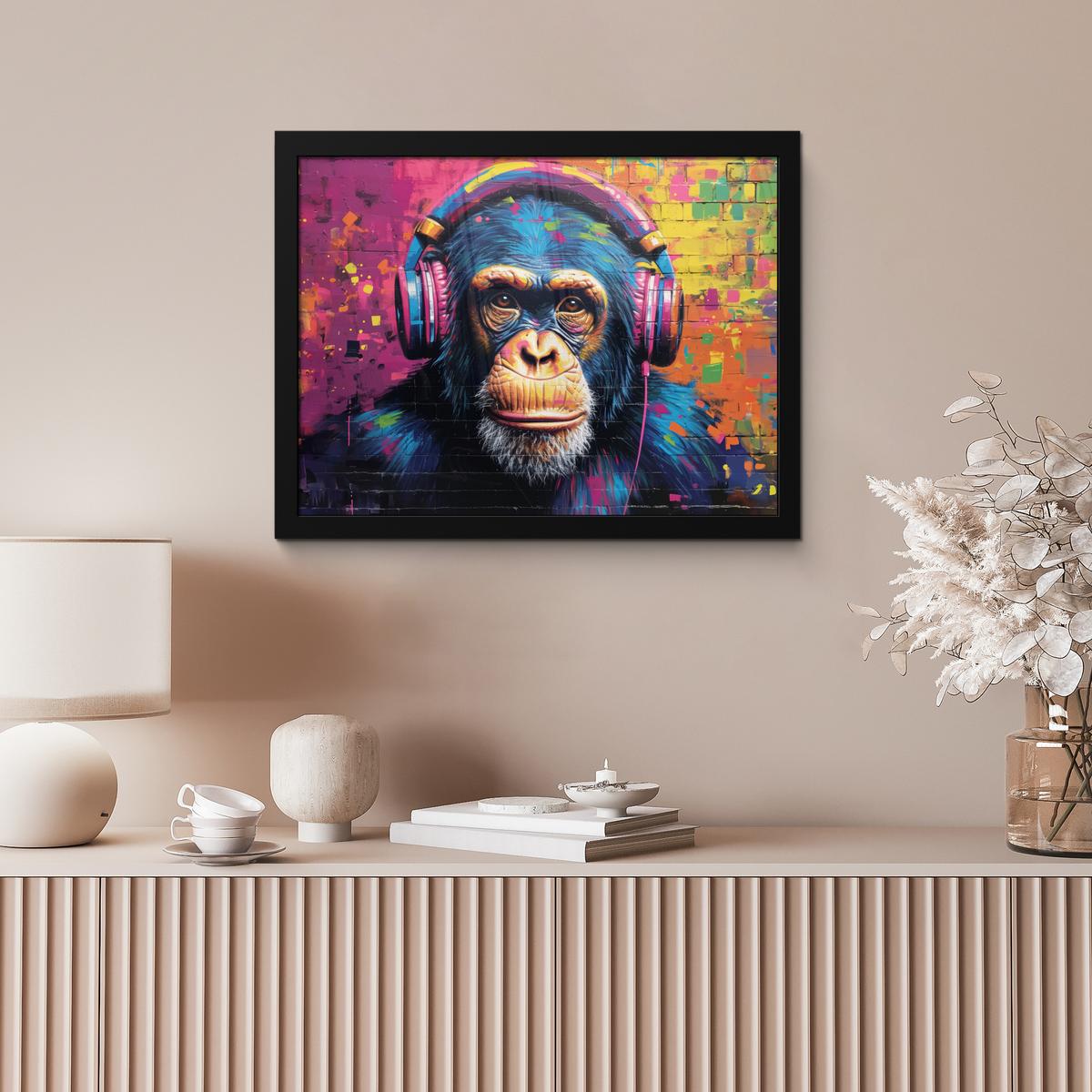 POSTER MIT RAHMENGERAHMTES BILD Graffiti - Schimpanse - Straßenkunst - Kopfhörer - Affe 40x30 cm - Blau, Papier (40/30cm) - MuchoWow
