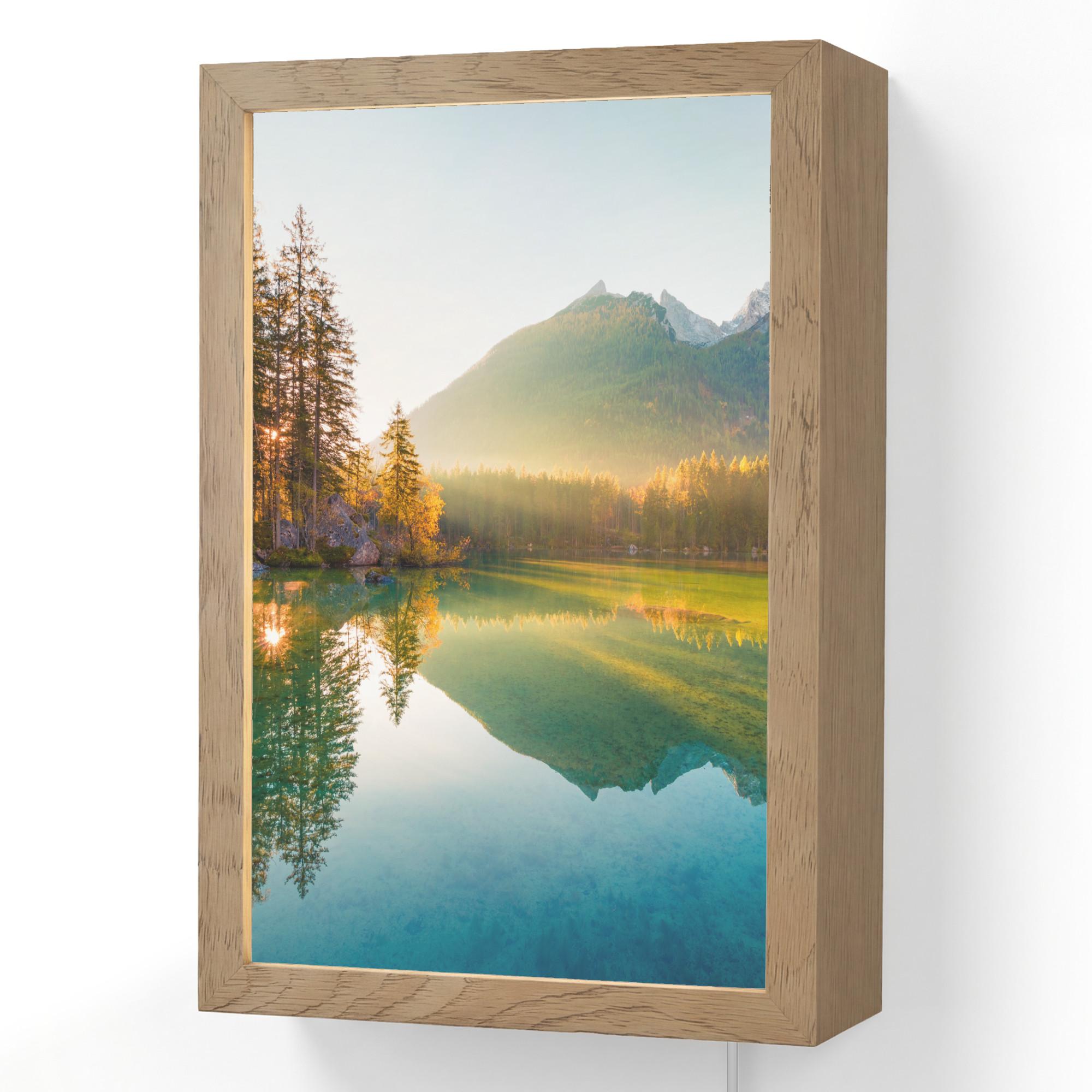 WANDLEUCHTE See - Wald - Berge - Natur - Sonne - Landschaft 20x30 cm - Grün, Holzwerkstoff (20/30/8cm) - OnlyWow