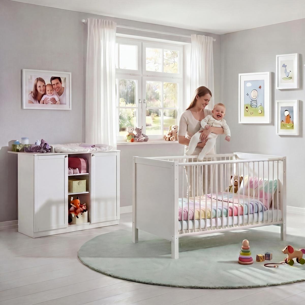 BABYZIMMER-SET 2-teilig: Babybett & Wickelkommode mit Soft-Close-Funktion, Landhausstil Weiß / 22800 - Silberfarben/Weiß, Holzwerkstoff/Metall (76/83/146cm) - luma-home