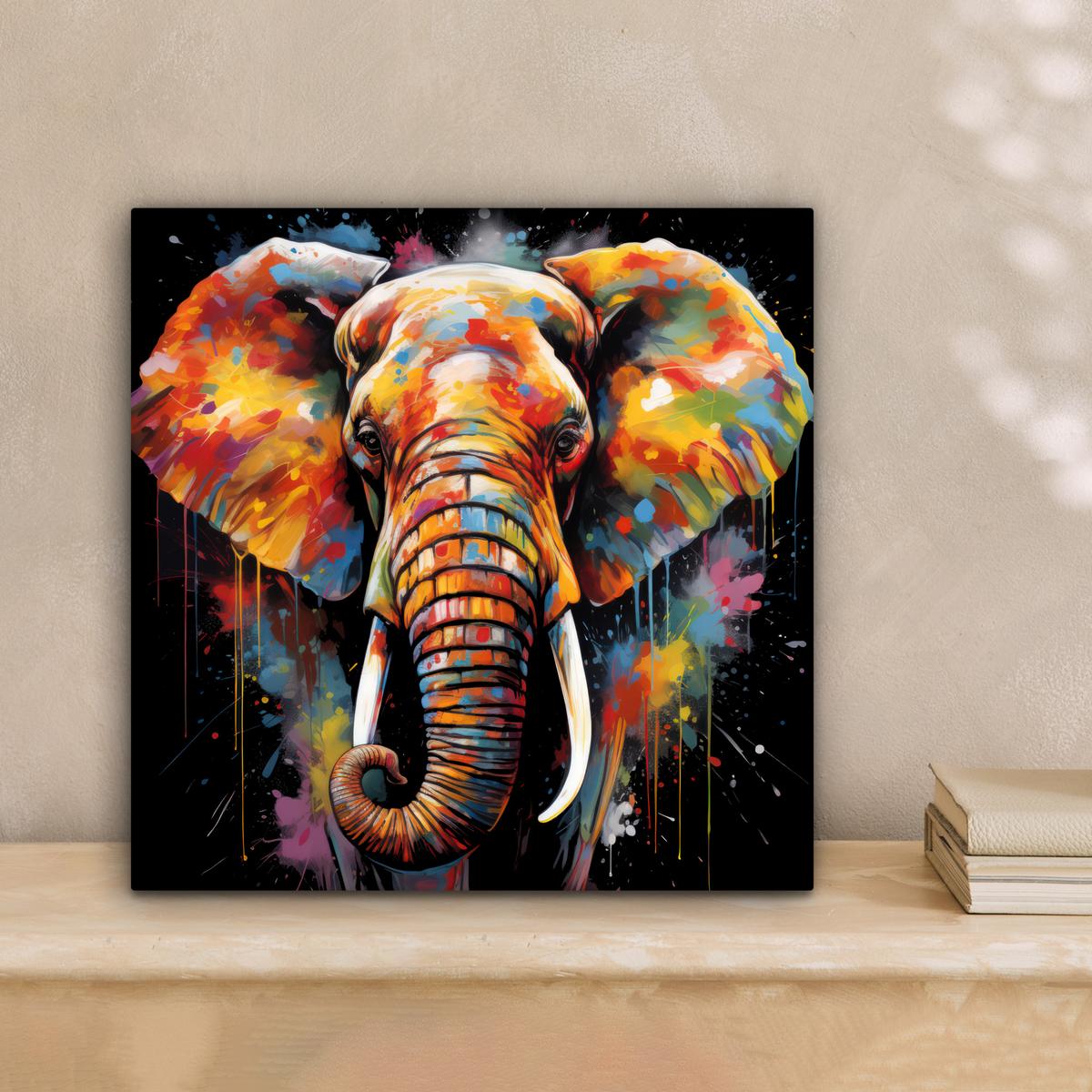 LEINWANDBILD Elefant - Graffiti - Schwarz - Tiere - Farben Deko Wohnzimmer 20x20 cm - Schwarz, Textil (20/20cm) - MuchoWow