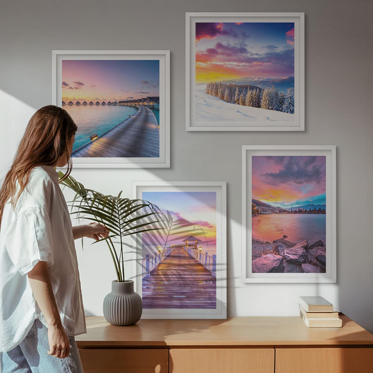 BILDER SET 4er Set - 50x50 cm & 40x60 cm Weißer Rahmen - Winterlandschaft des Pierbergs - Weiß, Kunststoff (50/50cm) - TULUP