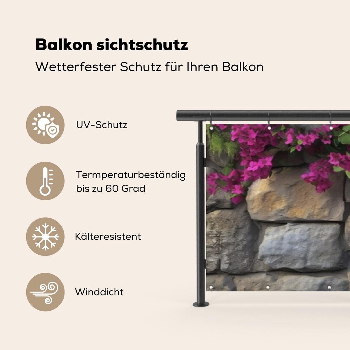 BALKON-SICHTSCHUTZ Bougainvillea - Steinmauer - Rosa Balkon Deko 500x75 cm - Magenta, Kunststoff (500/75cm) - MuchoWow