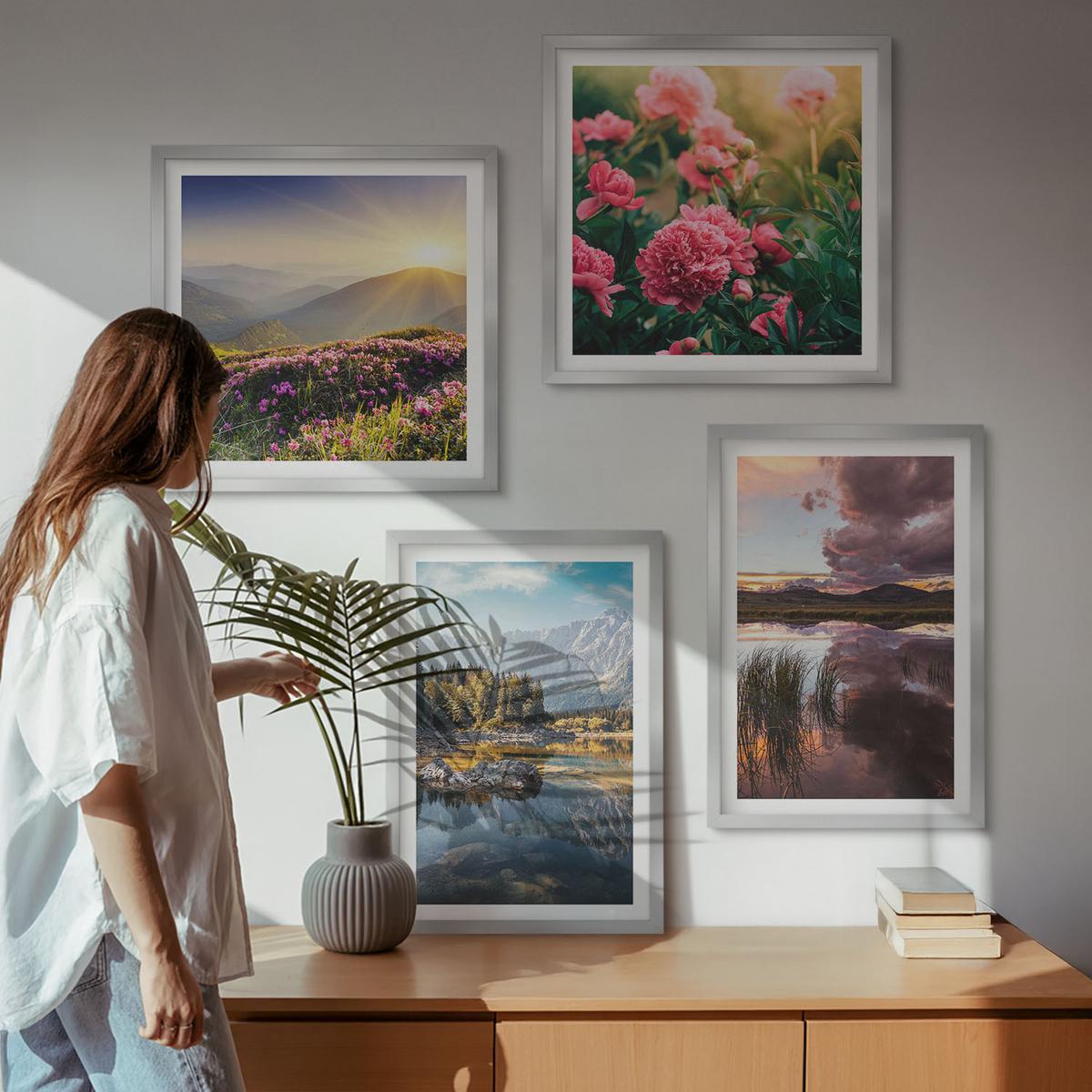 BILDER SET 4er Set - 50x50 cm & 40x60 cm Silberner Rahmen - Blumengarten, Bergwiese, Wasser - Silberfarben, Kunststoff (50/50cm) - TULUP