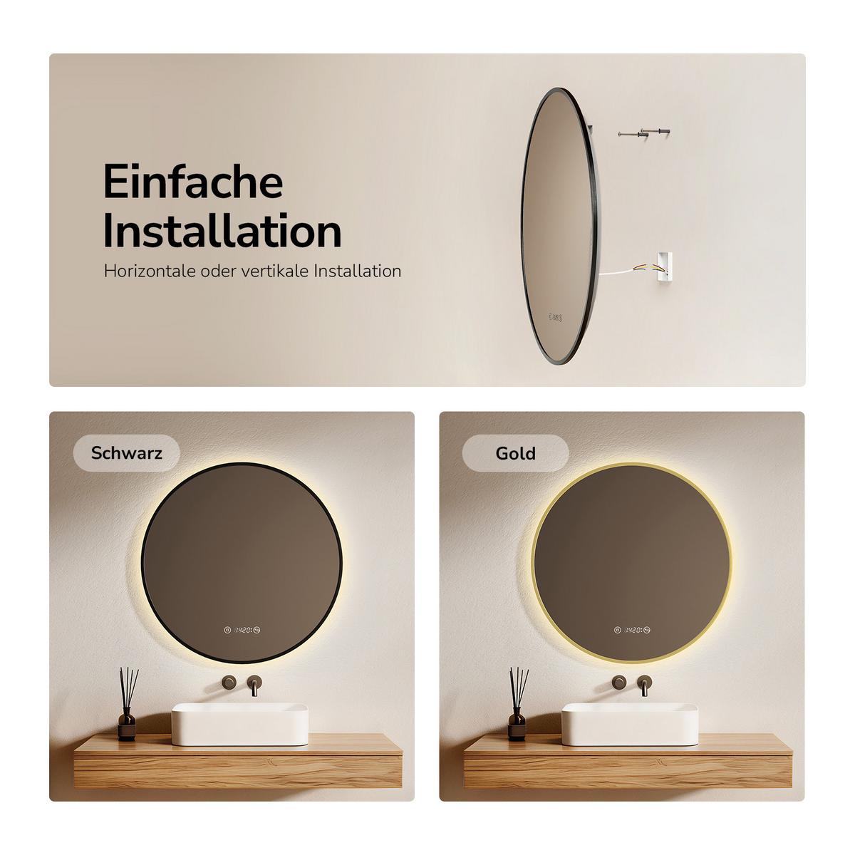 BADSPIEGEL mit LED-Beleuchtung Anti-Beschlag Zeitanzeige Schwarz Ø 70 cm - Schwarz, Glas (70/70/3cm) - EMKE