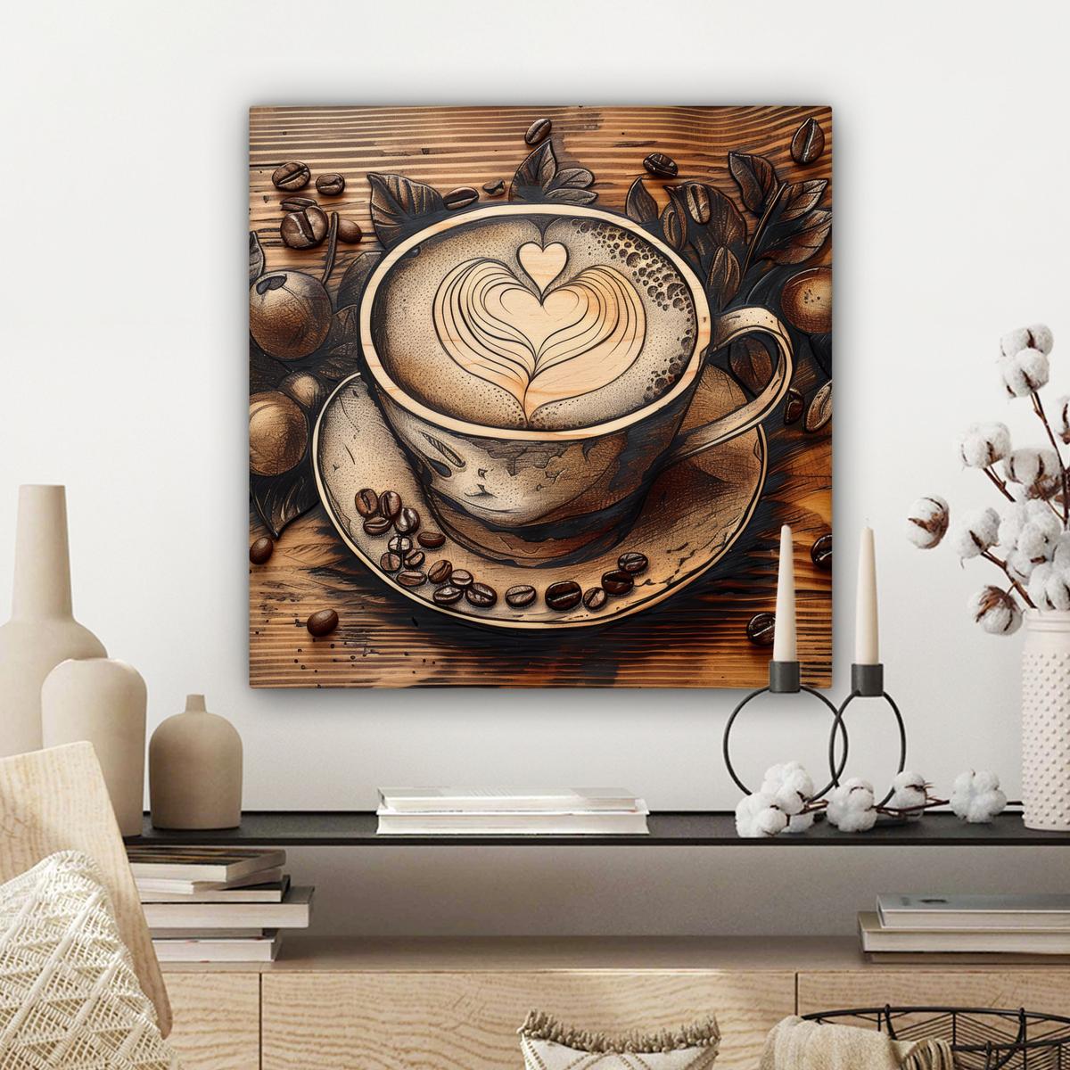 LEINWANDBILD Kaffee - Vintage - Braun - Tasse - Holz Wandbild Wohnzimmer 50x50 cm - Braun, Textil (50/50cm) - MuchoWow
