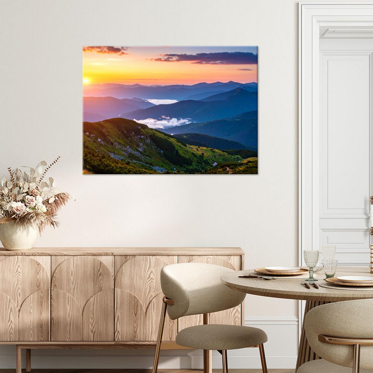 LEINWANDBILD Berglandschaft Sonnenuntergang 90x60cm - Multicolor, Textil (90/60cm) - Feeby