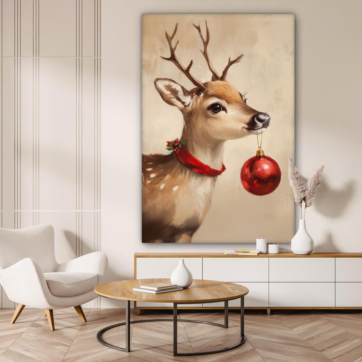 LEINWANDBILD Weihnachten - Hirsch - Geweih - Weihnachtskugel - Rentier Deko Groß 90x140 cm - Hellbraun, Textil (90/140cm) - MuchoWow